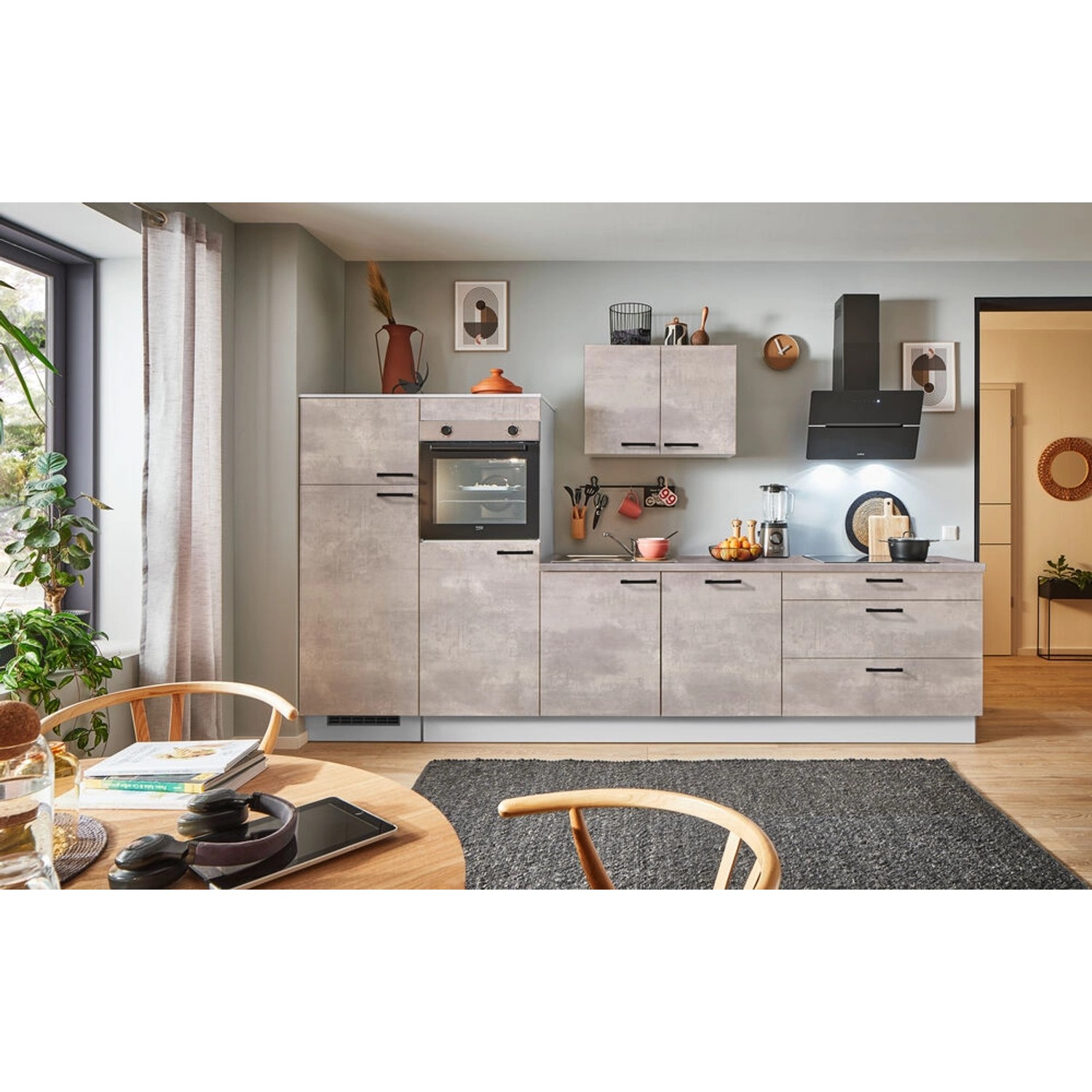 pino Küchenzeile 340 cm Beton Perlgrau Anschlag,inks 2 Geräteschränke günstig online kaufen