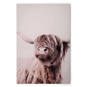 Leinwandbild mit einem Hochlandrind in Beige und Weiß als Deko für die Wand im Landhausstil.
