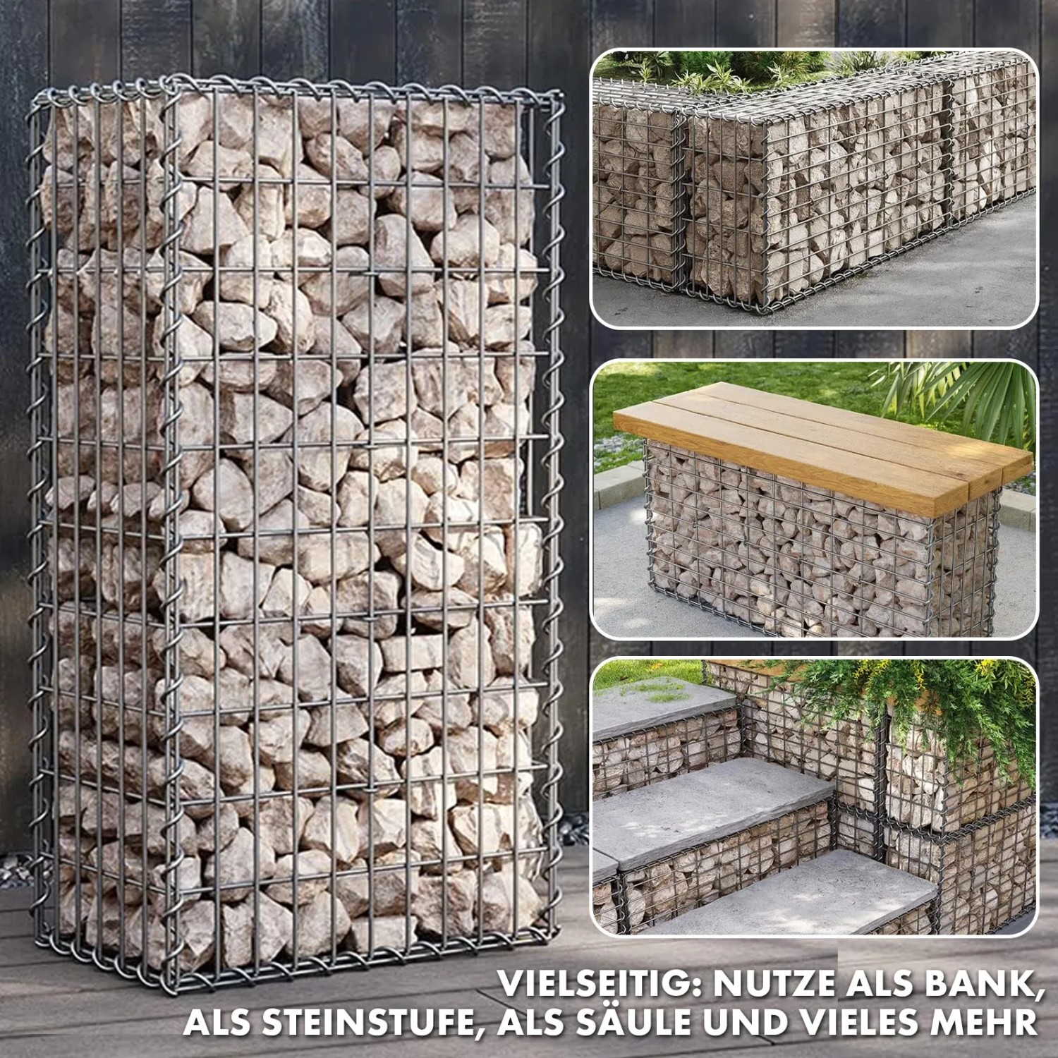 KARAT Gabionenkorb Lenox, verzinkter Steinkorb als Zaun, Sichtschutz oder Bank im Garten.