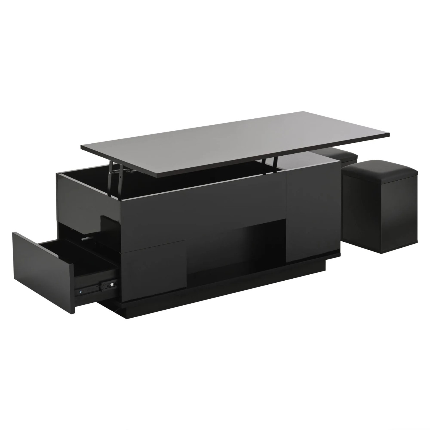 Merax Couchtisch Höhenverstellbar mit LED 2 Schubladen 2 Hocker Stauraum Schwarz