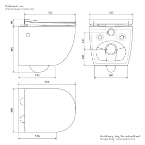 Technische Zeichnung: Wand-WC mit Bidet Funktion, spülrandlos, Tornado Spülung, Maße in mm.
