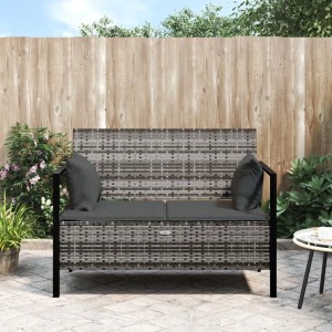 Graue 2-Sitzer Gartenbank aus Polyrattan mit Kissen. Ideal für Terrasse & Garten.