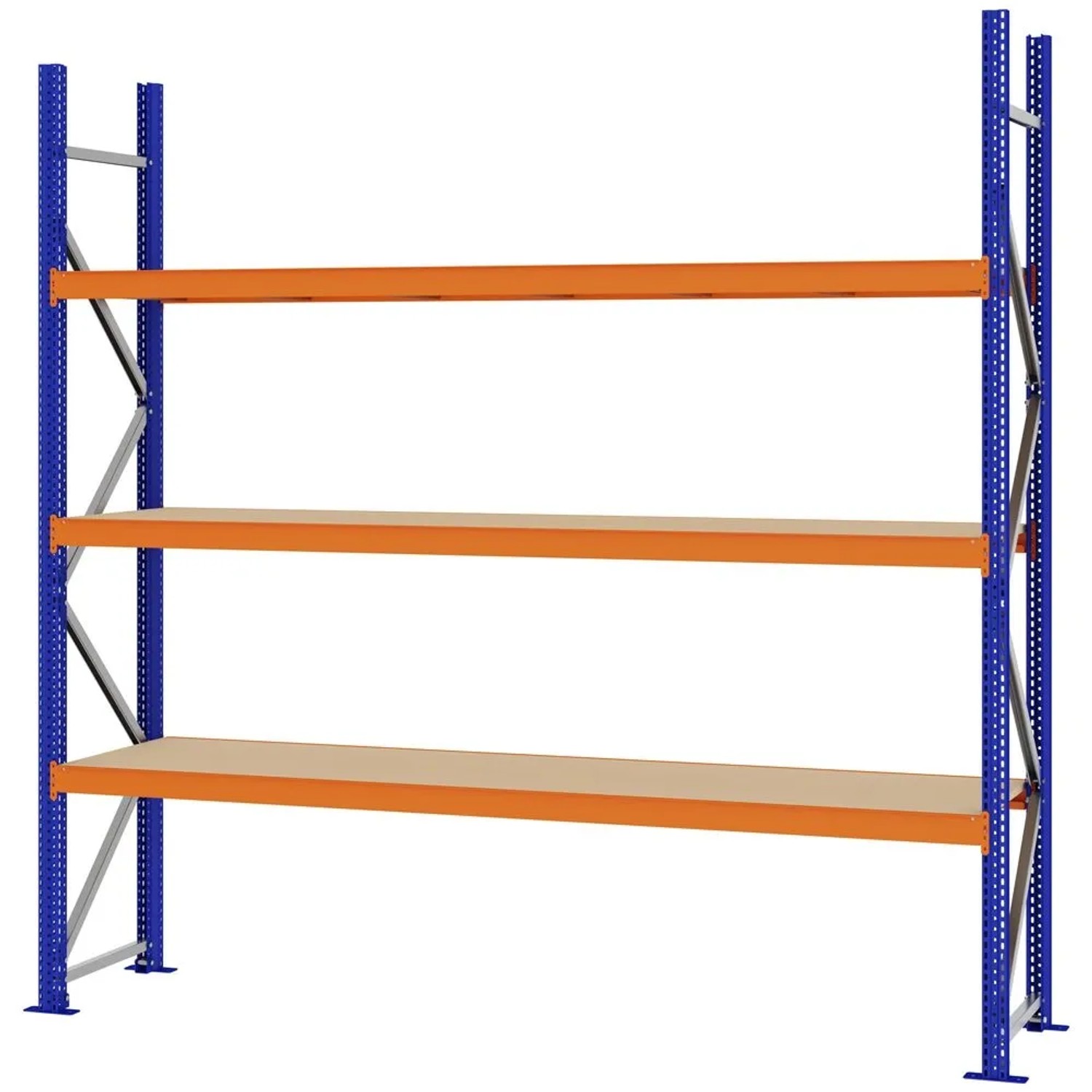 PROREGAL Weitspannregal Schraub-Stecksystem MAGNUS PRO Made In Germany Grundregal 250x250x50cm 3 Ebenen Spanplattenböden Fachlast 430kg Blau/Orange
