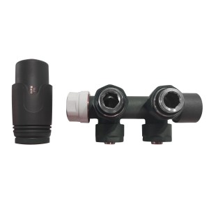 Graue Eck-Anschlussgarnitur mit Thermostat für Heizkörper mit Mittelanschluss (50mm).