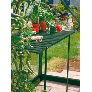 Abklappbarer, grüner Alutisch (120x56cm) im Gewächshaus, ideal als Arbeitsfläche.