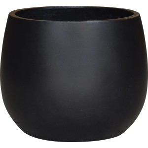 Anthrazitfarbener, matter Übertopf aus Leichtzement, 44x44x36 cm, bauchige Form.