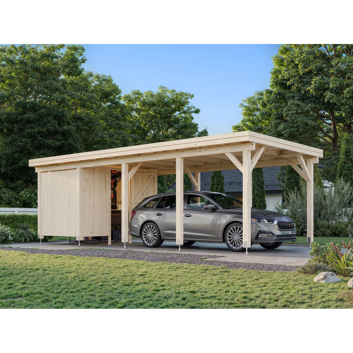 Palmako Carport Karl mit Geräteraum 315 x 732 cm Tauchgrundiert Hellbraun F günstig online kaufen