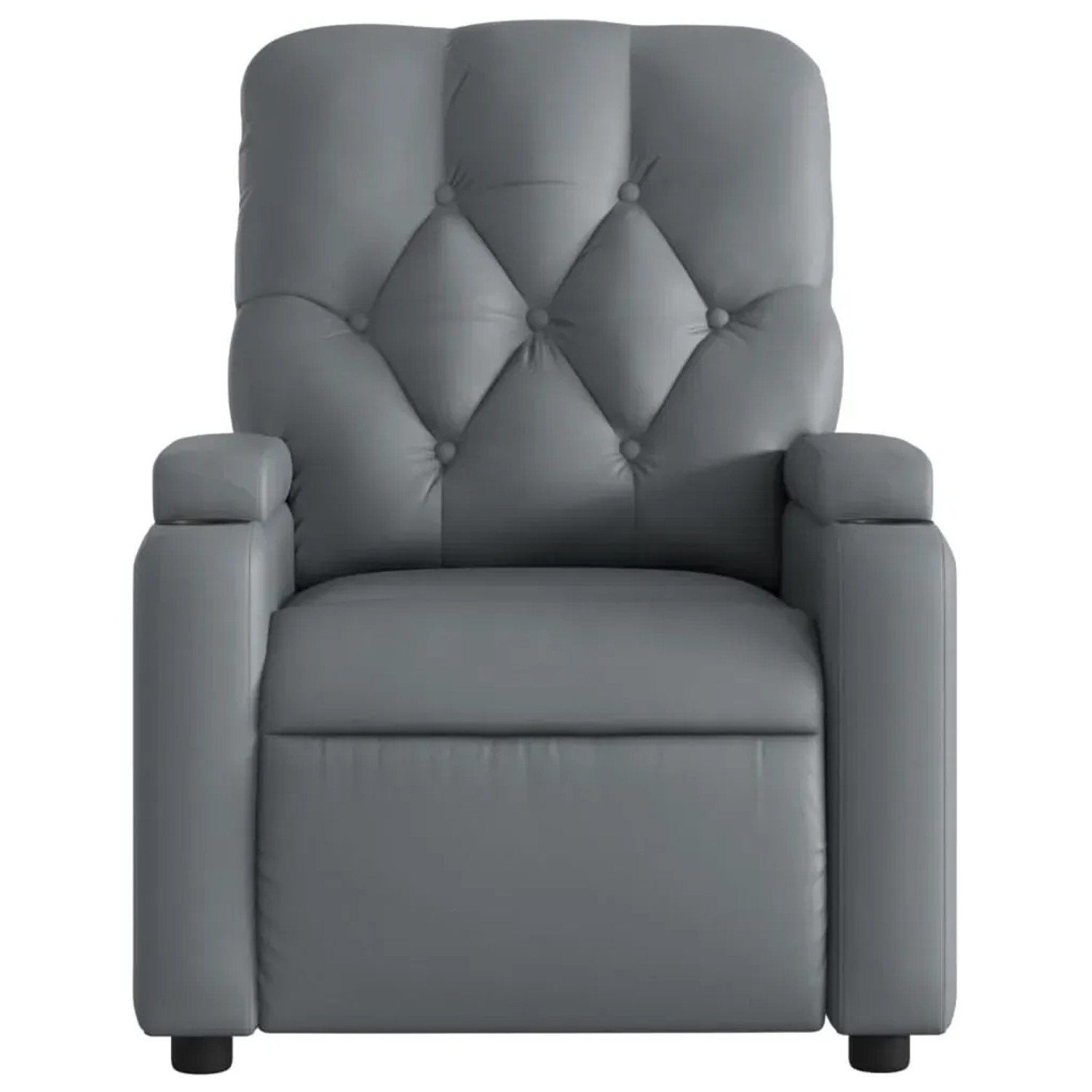 Grauer elektrischer Massagesessel aus Kunstleder mit Knopfheftung für Relaxmomente.