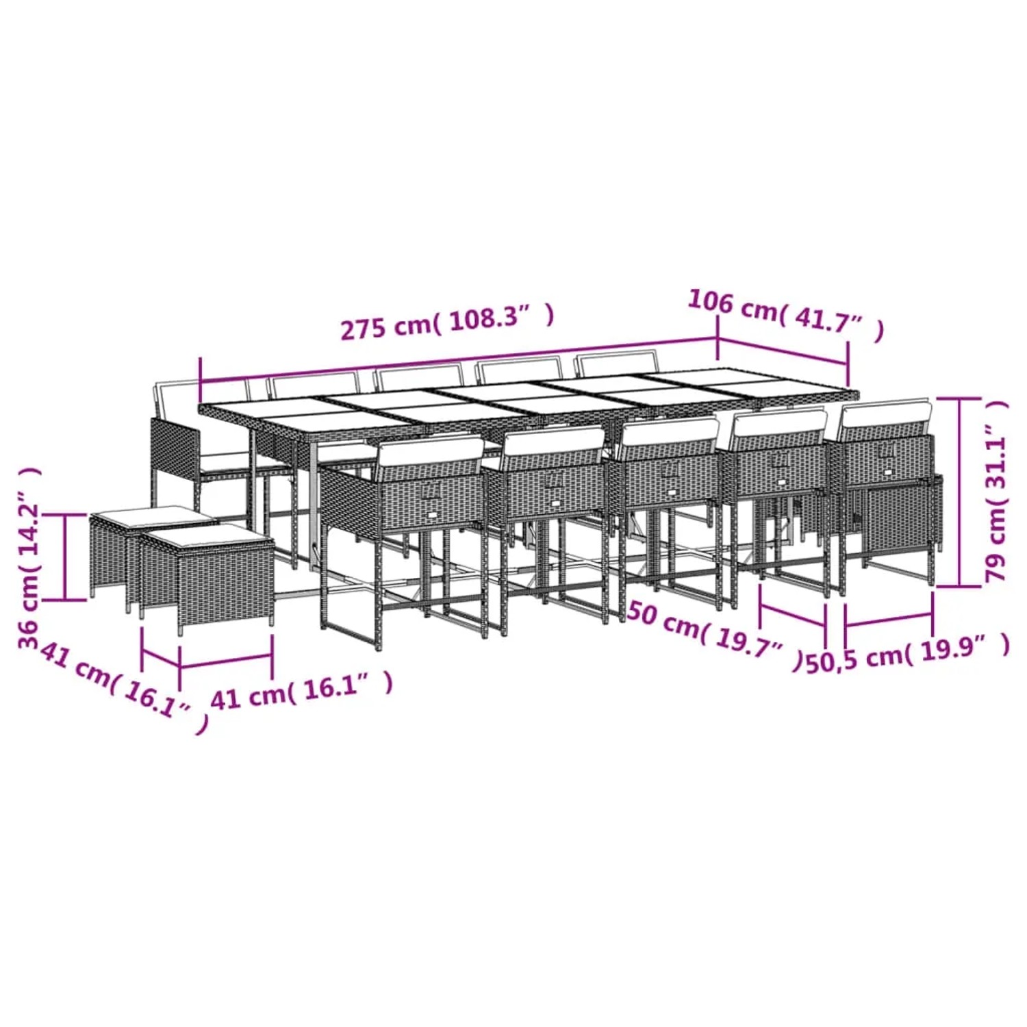 vidaXL Garten-Essgruppe, 15-teilig, beige Poly Rattan, mit Tisch, Stühlen, Hockern und Kissen, ideal für den Garten.
