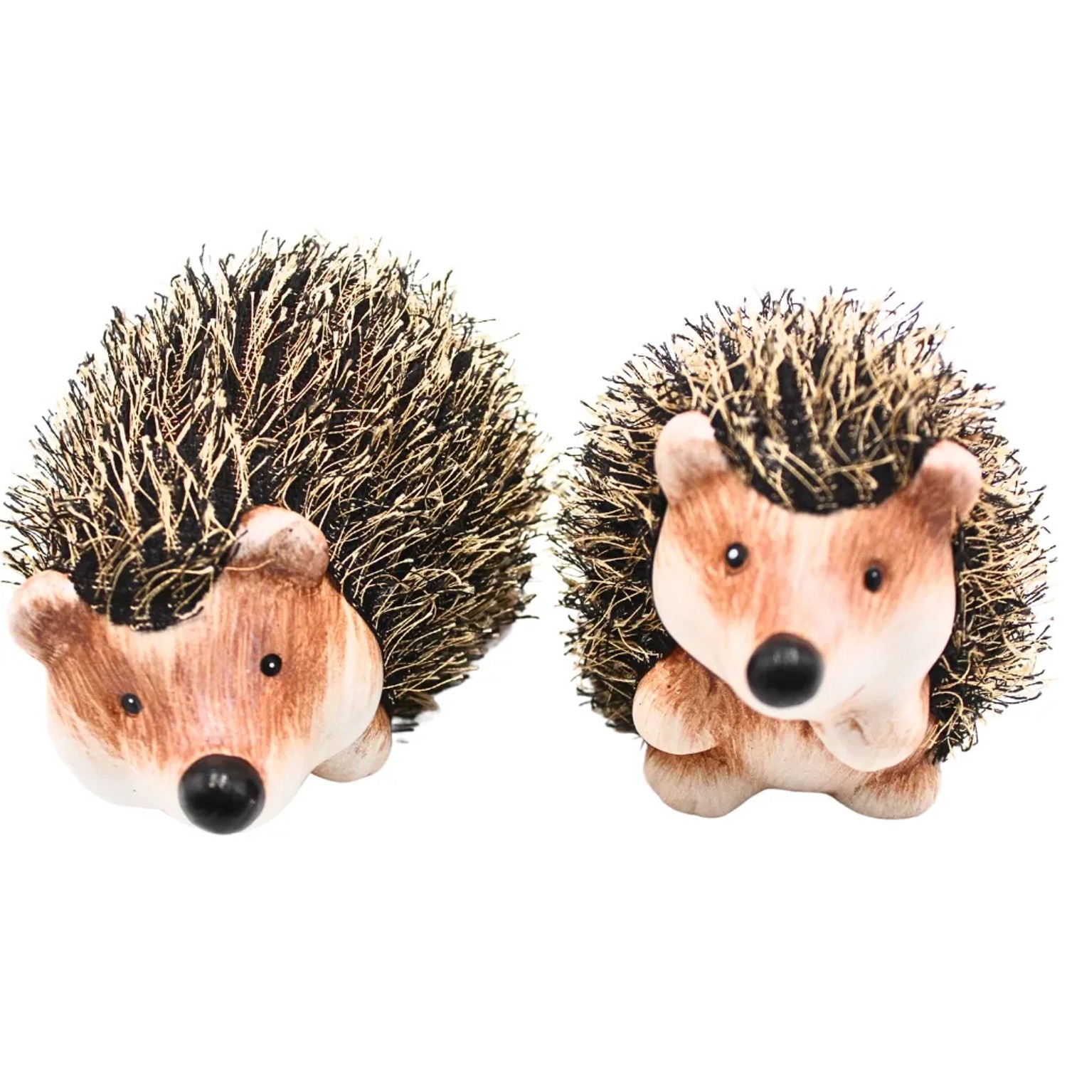 2er Set Deko Igel aus Keramik mit Fell, braun, ca. 15x8x8 cm. Gartenfiguren für den Außenbereich.