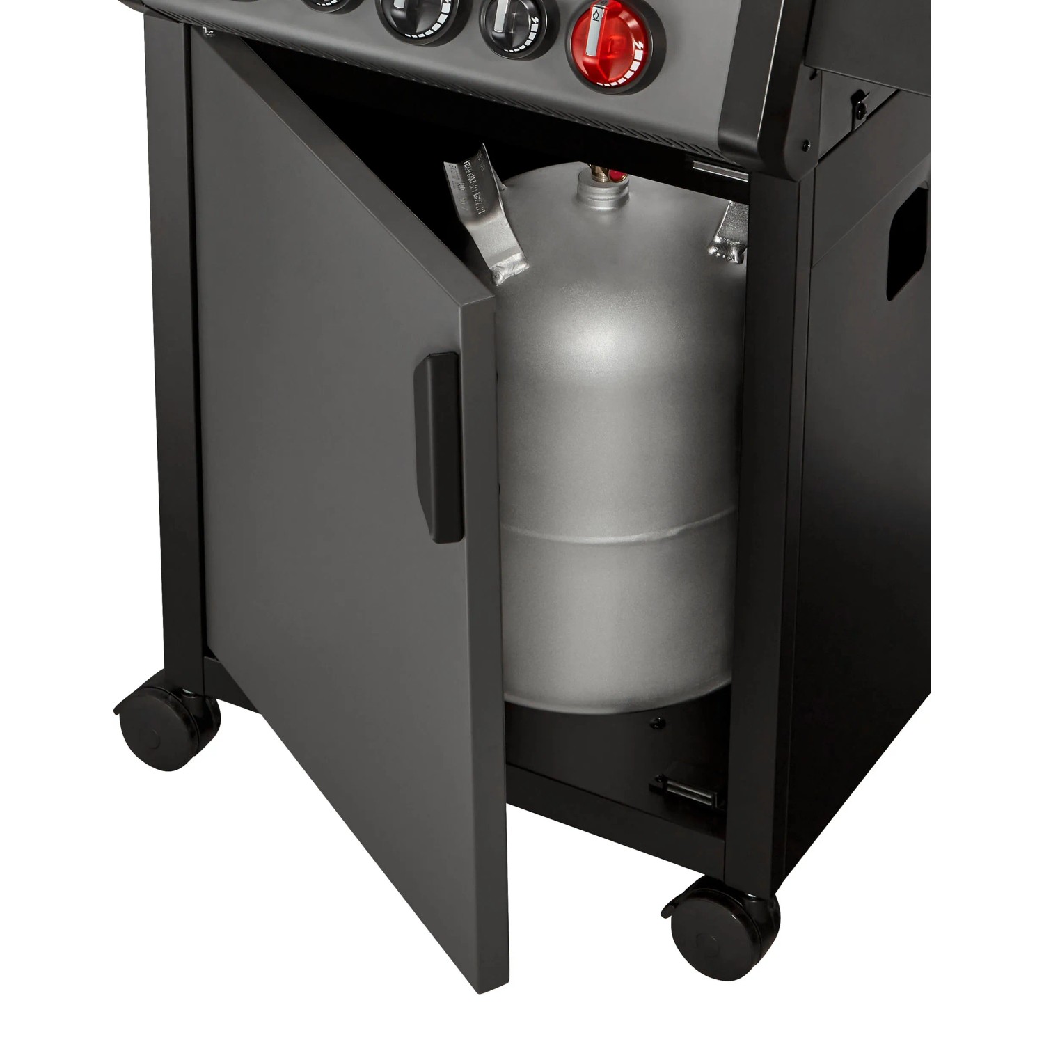 Gasgrill Enders Hyde 3: Geöffneter Unterschrank mit Gasflasche. Praktische Aufbewahrung.