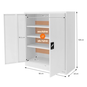 Weißer ML-Design Aktenschrank aus Stahl, 90x40x109cm, mit offenen Türen und 3 verstellbaren Einlegeböden.