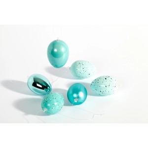 Türkisfarbene Brauns-Heitmann Ostereier, ca. 6 cm, 6er Set, glänzend und mit Muster.