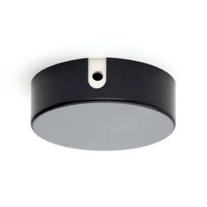 Schwarze Orion Lightstyle Verteilerdose aus Metall (Ø 70 mm) zur Kabelverdeckung an Decken.