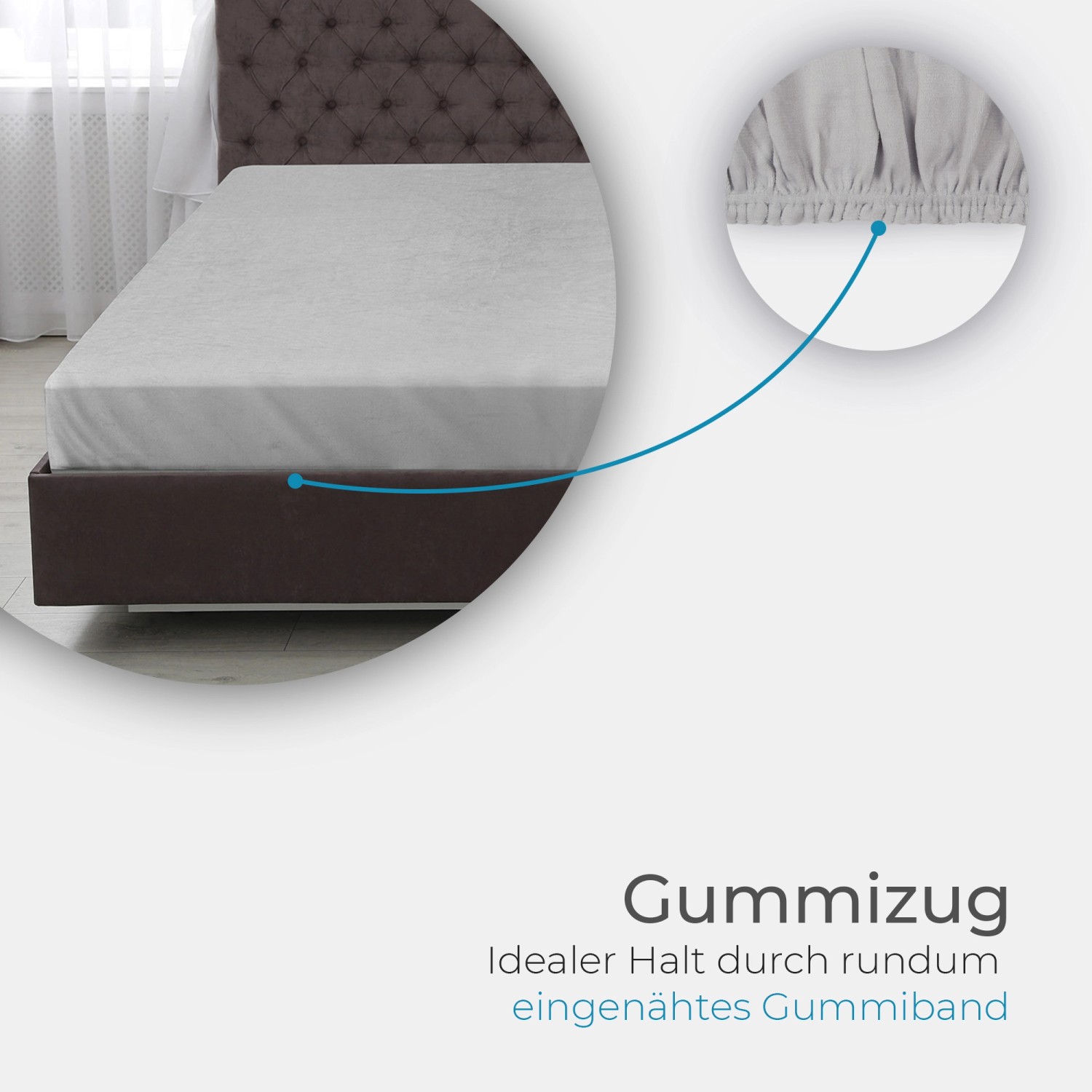 Bestlivings Spannbettlaken Cashmere Touch, 100x200 cm, silber. Weiches, silbernes Spannbetttuch auf einem Bett.