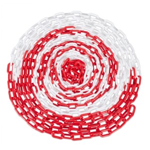 Rot-weiße Absperrkette aus Kunststoff, 10 m lang, spiralförmig aufgerollt. Ideal für Baustellen, Parkplätze, Veranstaltungen.