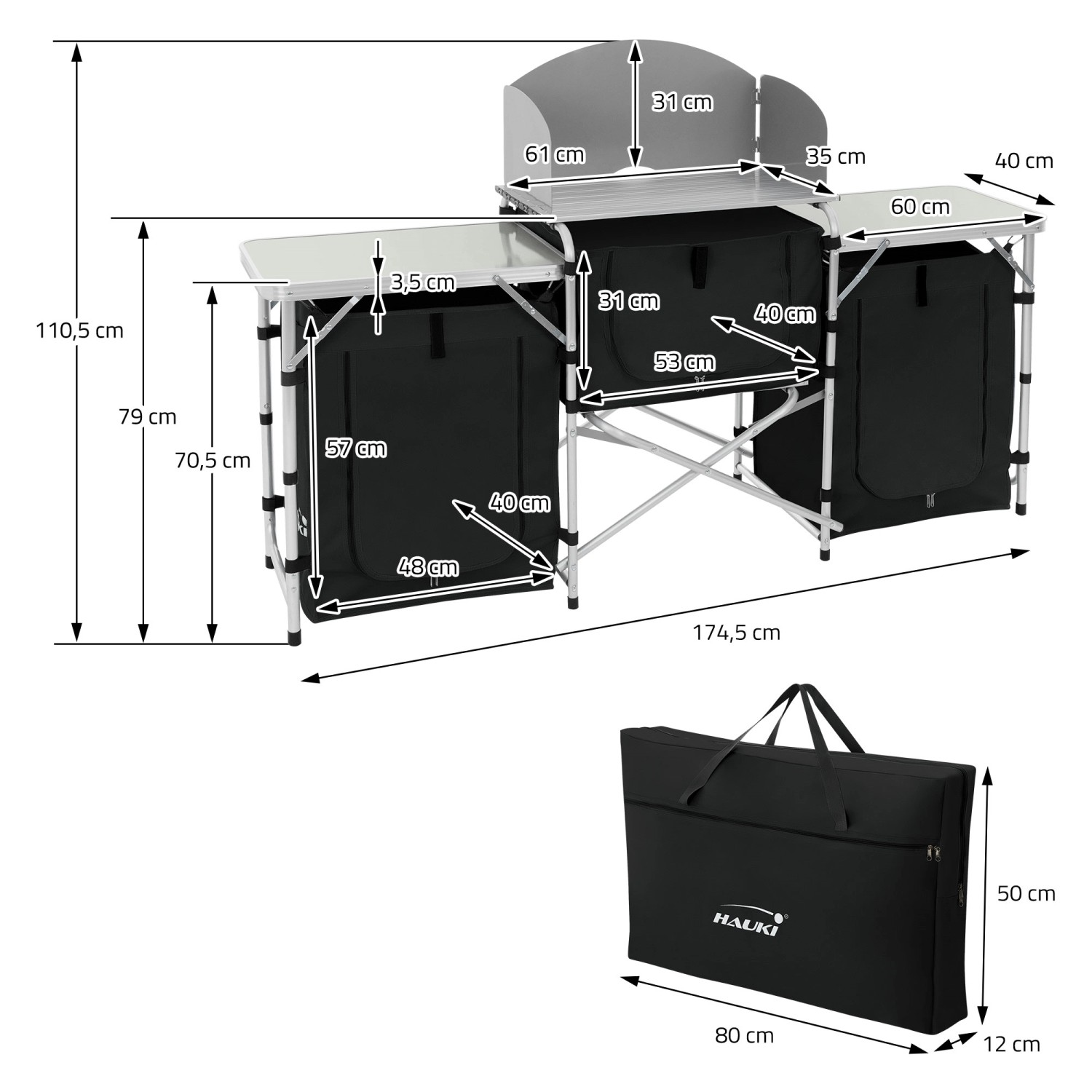 Hauki Camping Küche, faltbarer Campingschrank mit Tragetasche, schwarz, mit Windschutz und Stauraum.