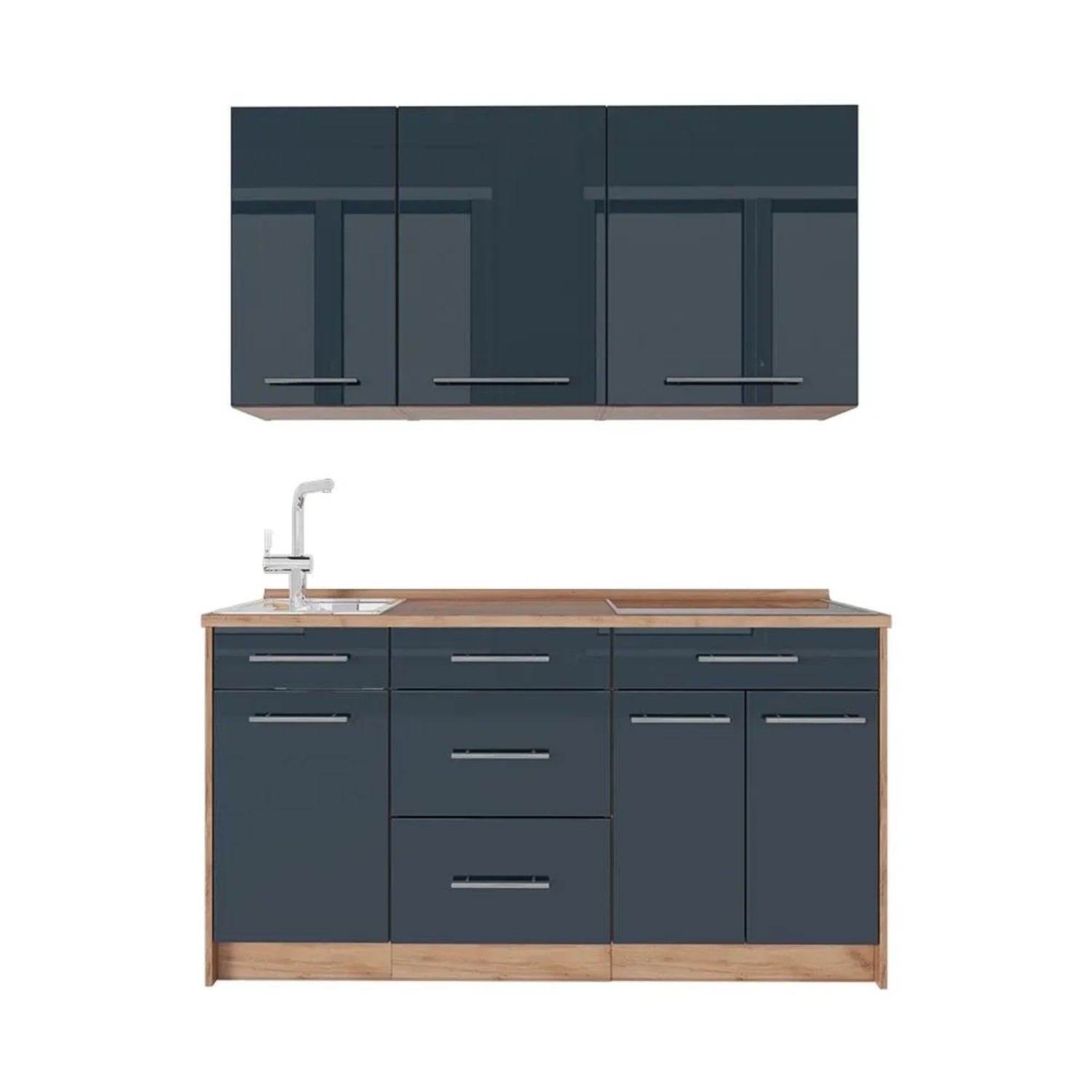 Vicco Singleküche Fame-Line Dunkelblau Hochglanz/Goldkraft Eiche 150 x 82 AP Eiche Art Nr 65763