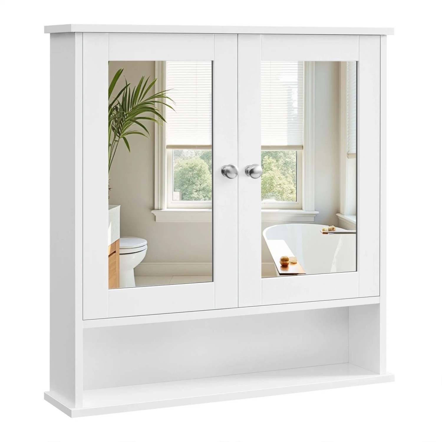 Weißer Songmics Spiegelschrank Sofie mit 2 Türen und offenem Fach.