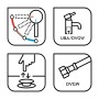 Symbole für baliv Waschtischarmatur: Kaltstart, UBA/DVGW, Pop-up Ventil, DVGW-Anschlussschlauch.