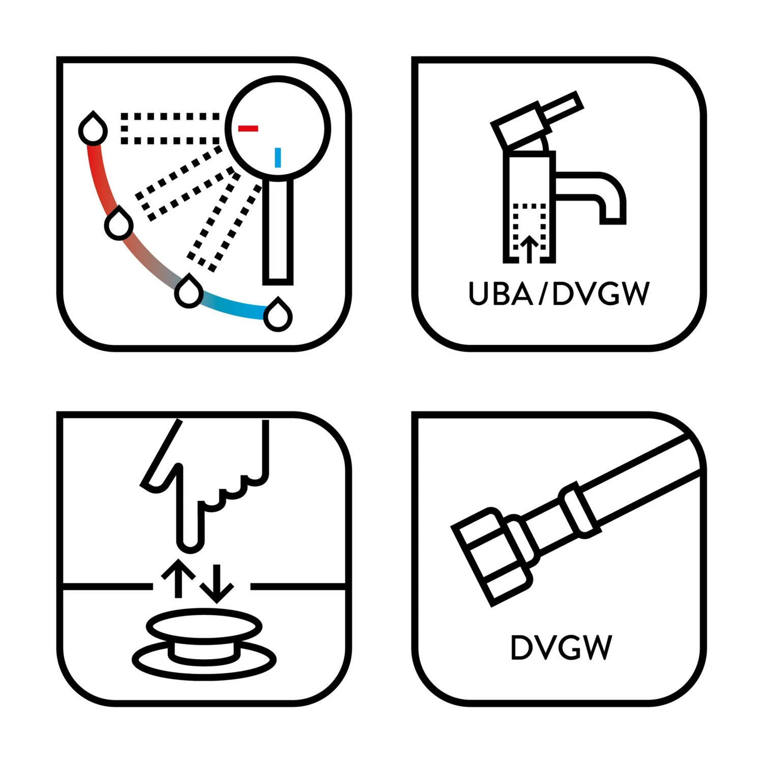 Symbole für baliv Waschtischarmatur: Kaltstart, UBA/DVGW, Pop-up Ventil, DVGW-Anschlussschlauch.