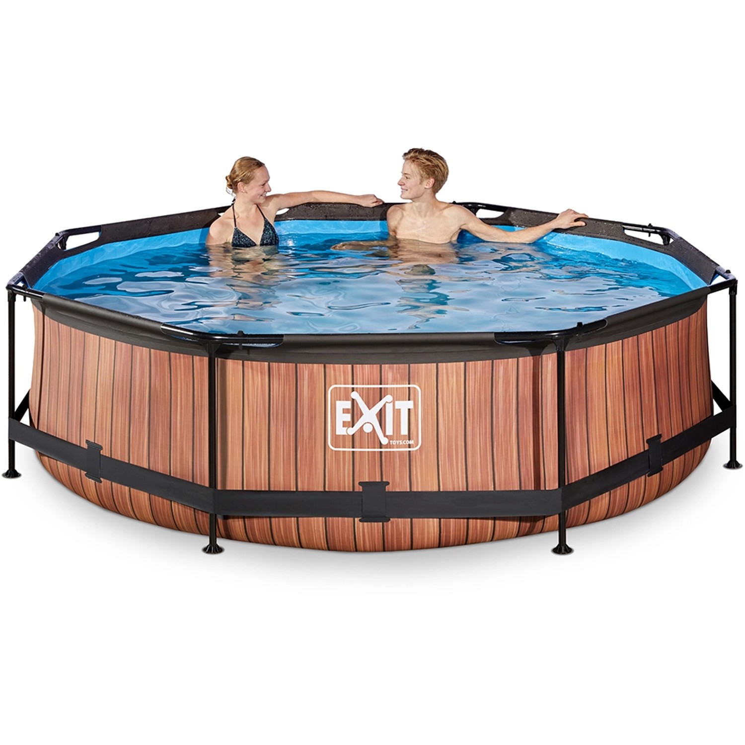 Runder Exit Stahlrahmenpool in Holzoptik, Ø 300 cm, mit zwei Personen im Wasser.