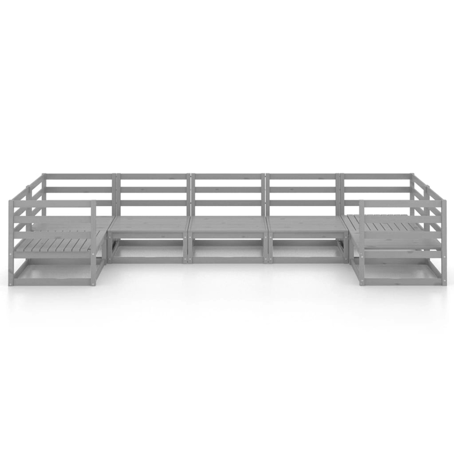 Graues 7-teiliges Garten-Lounge-Set aus Kiefernholz. Modulare Bauweise für individuelle Gestaltung.