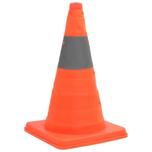 Aufklappbarer, orangefarbener Verkehrsleitkegel mit Reflexstreifen, 42 cm hoch.