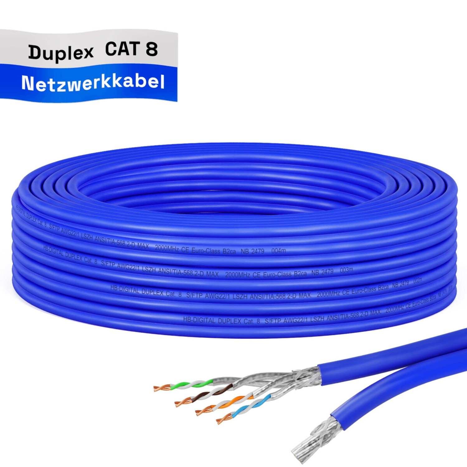 Thumbnail - hb-digital Netzwerkkabel CAT 8 Duplex max. 2000 MHz S/FTP AWG22 LSZH 10m blau
