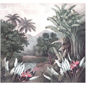 Fototapete Rainforest: Dschungel-Motiv mit Palmen, tropischen Pflanzen und Flusslauf.