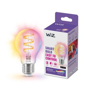 WIZ E27 LED Lampe mit Glühlampenform, farbigem Licht und Filament, neben der Produktverpackung.
