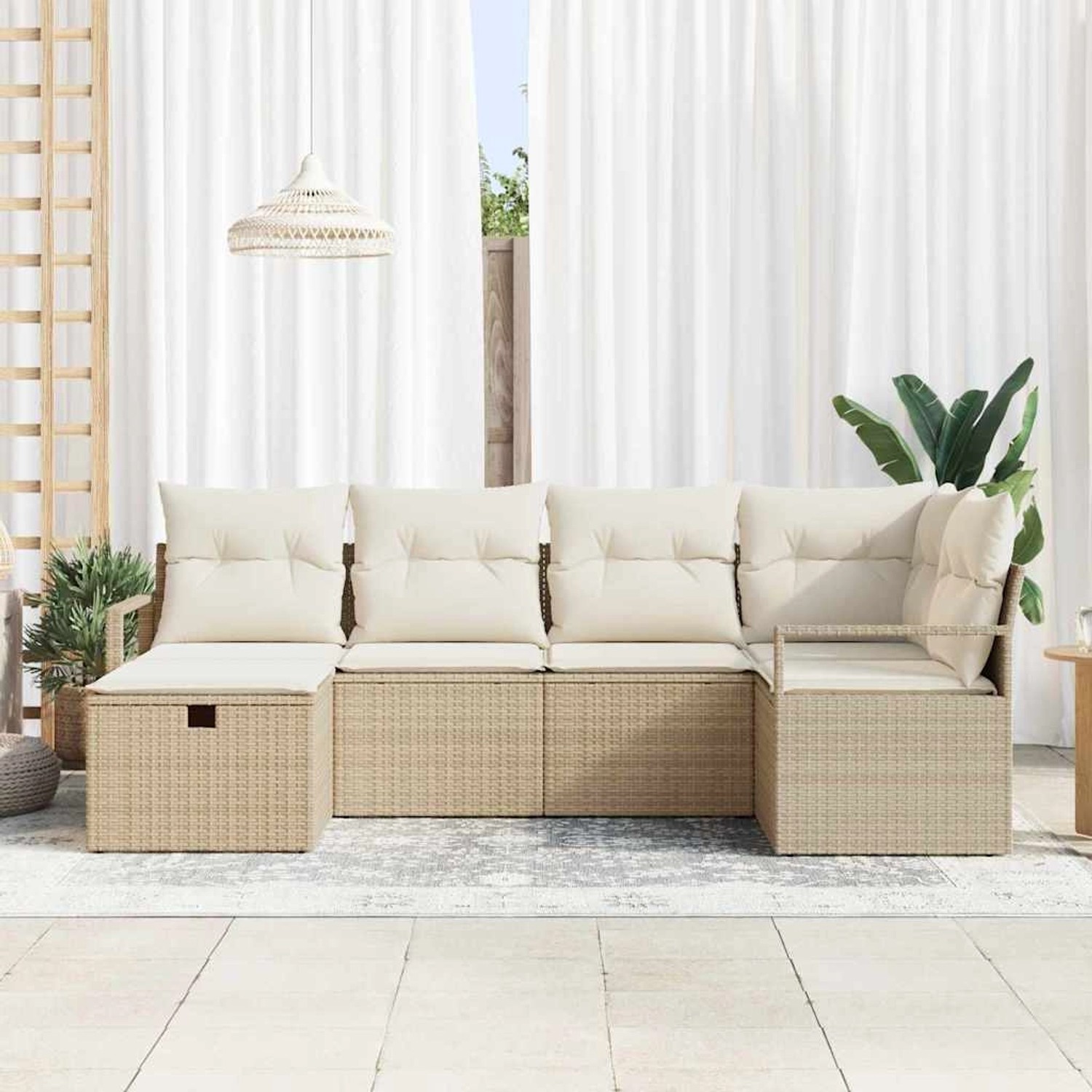 Beiges 6-tlg. vidaXL Garten-Sofa-Set aus Polyrattan mit Kissen und Stauraum.