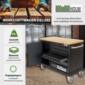 TRUTZHOLM Werkstattwagen DELUXE mit 6 Schubladen, Tür und massiver Arbeitsplatte in Anthrazit/Grau.