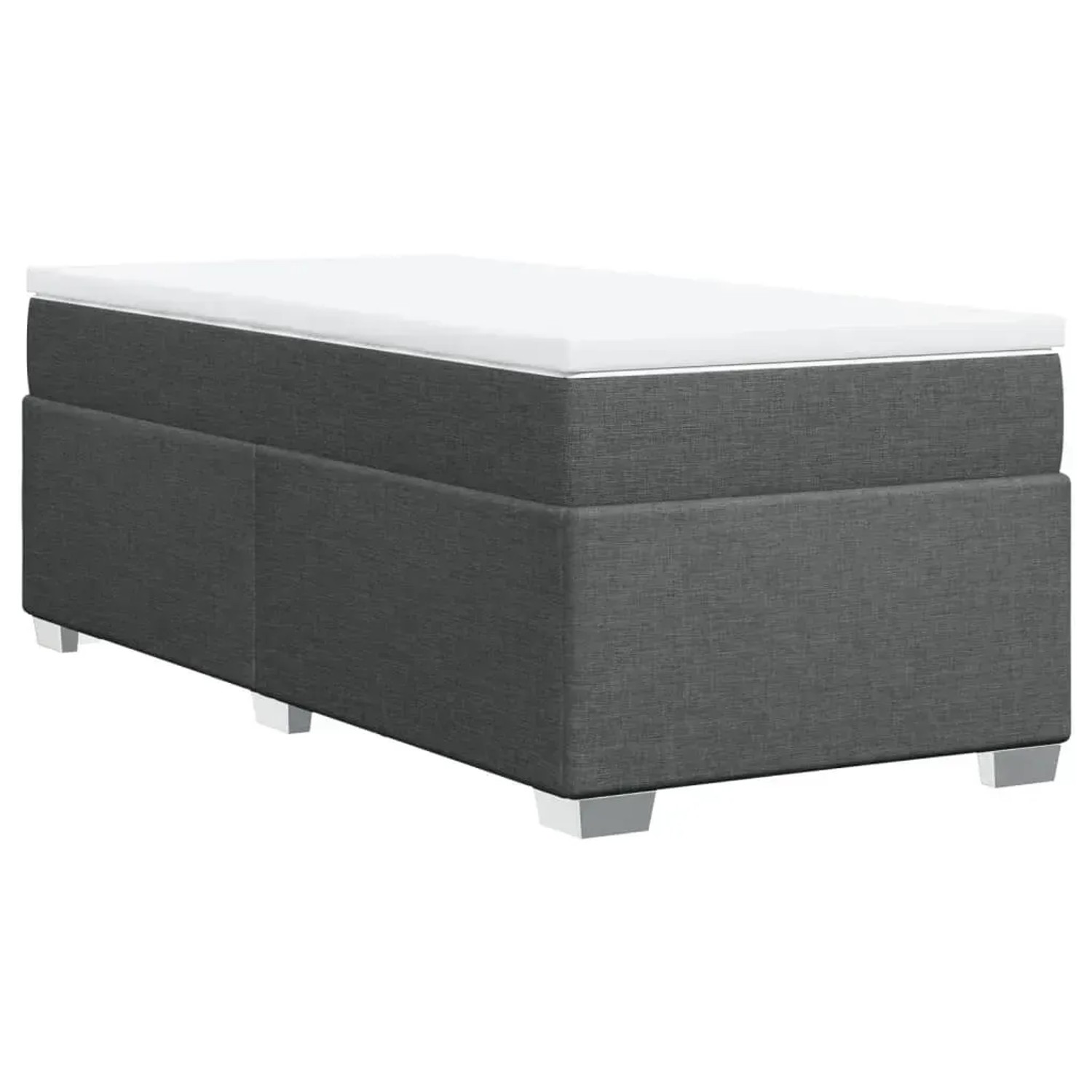 Dunkelgraues Boxspringbett 90x190 cm mit Matratze und weißer Auflage.
