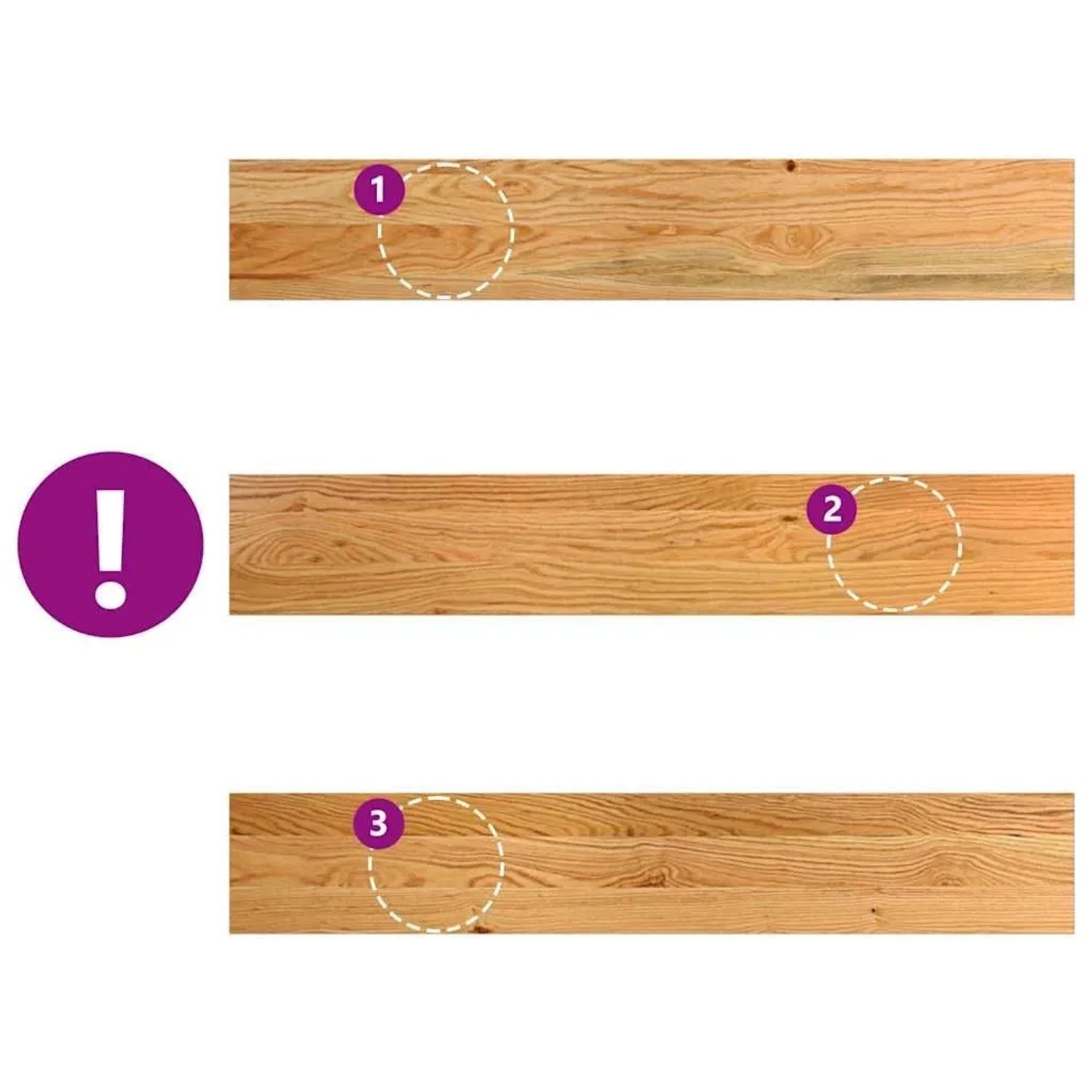 Drei hellbraune Massivholz Eiche Fensterbänke mit natürlicher Maserung und Astlöchern, die individuelle Holzmerkmale zeigen.