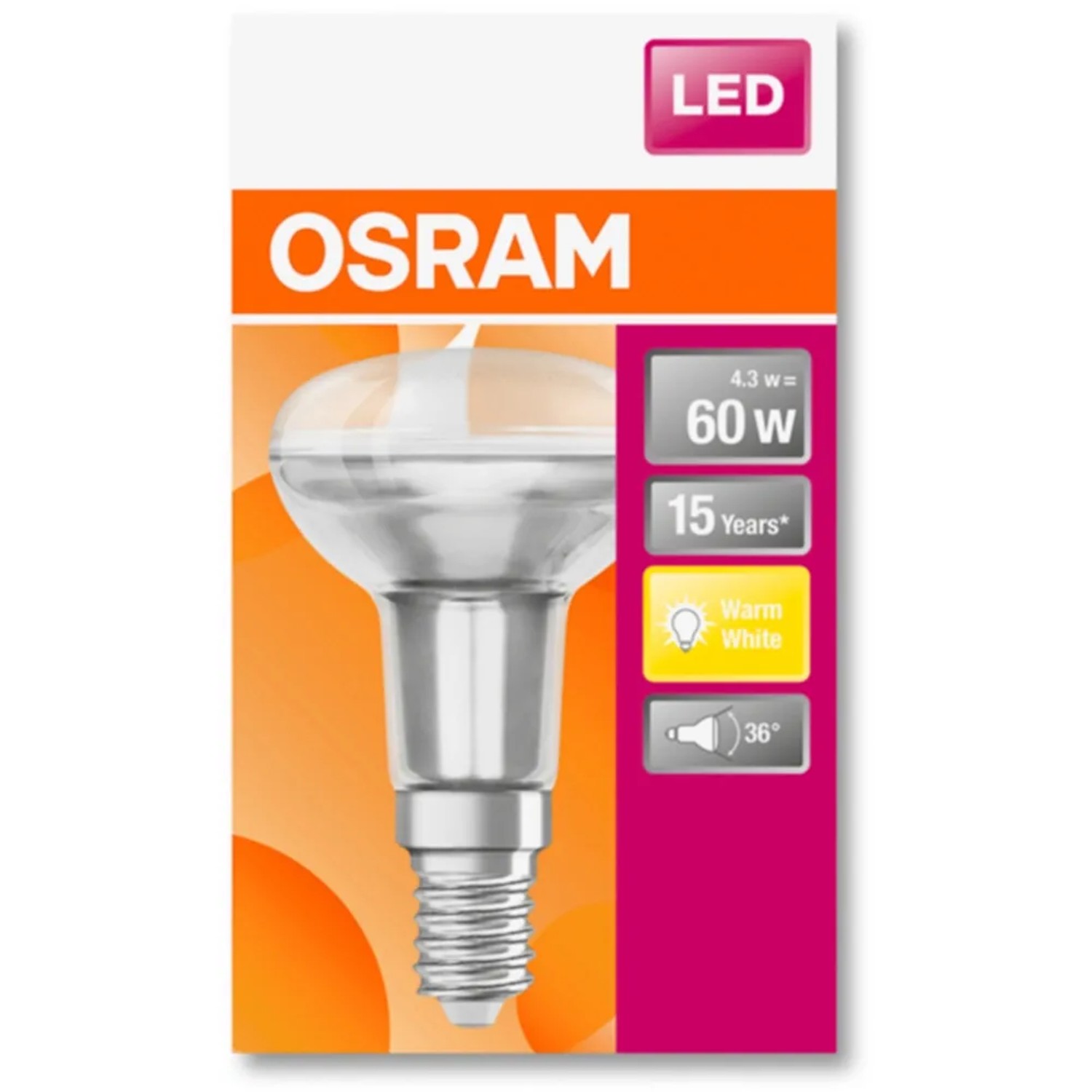 Osram LED Reflektorlampe E14, 4,3W, warmweiß, 8,5x5cm. Energiesparend und langlebig.