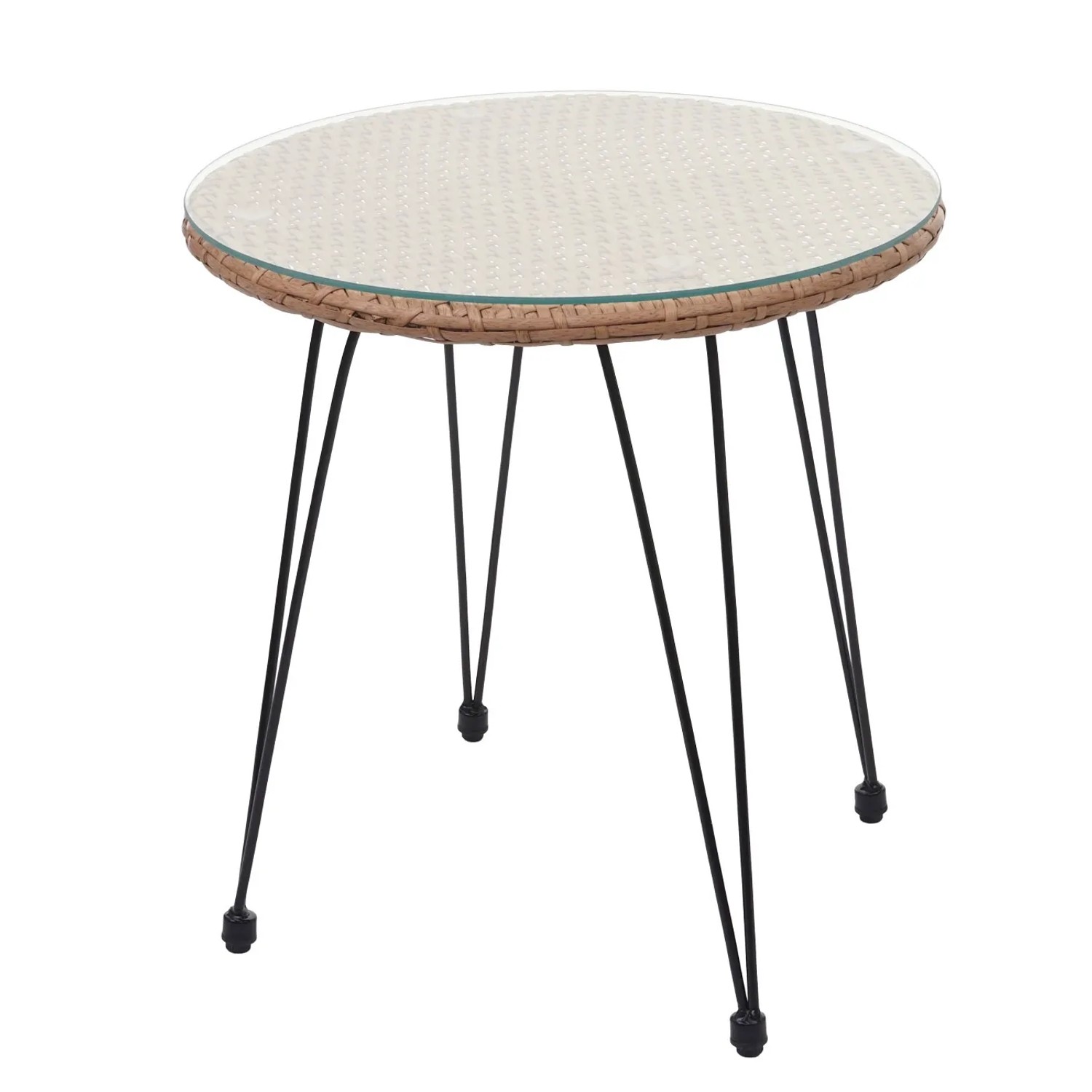 Beistelltisch der MCW Poly-Rattan Garnitur G17: Naturfarbenes Rattan, Glasplatte, schwarze Metallbeine.