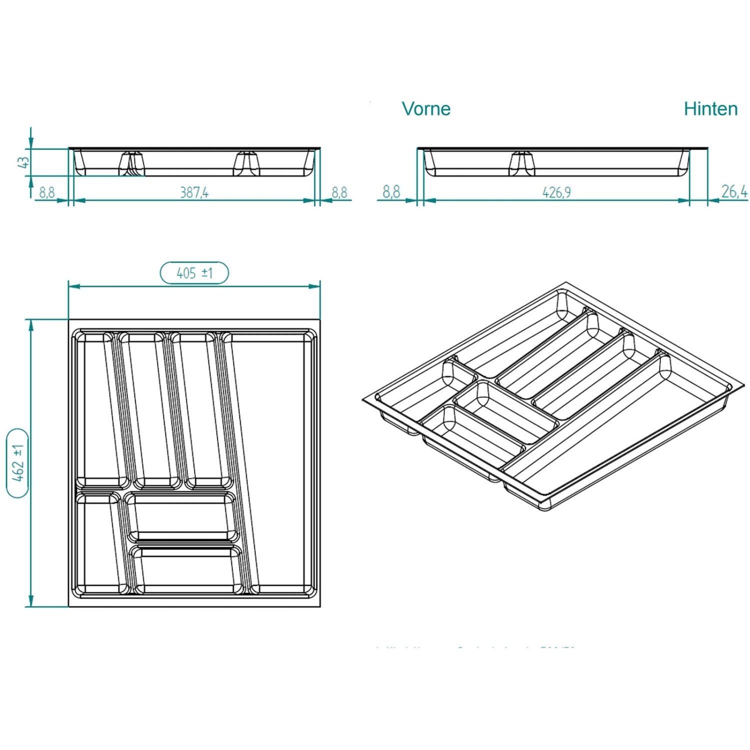 SOTECH ORGA-BOX II Besteckeinsatz 500 mm Höhe 45 mm Silbergrau Für Nobilia Schubladen_6