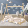 ML-Design Tipi Kinderbett 70x140 cm, Naturholz mit Wolkenmuster Bettwäsche.