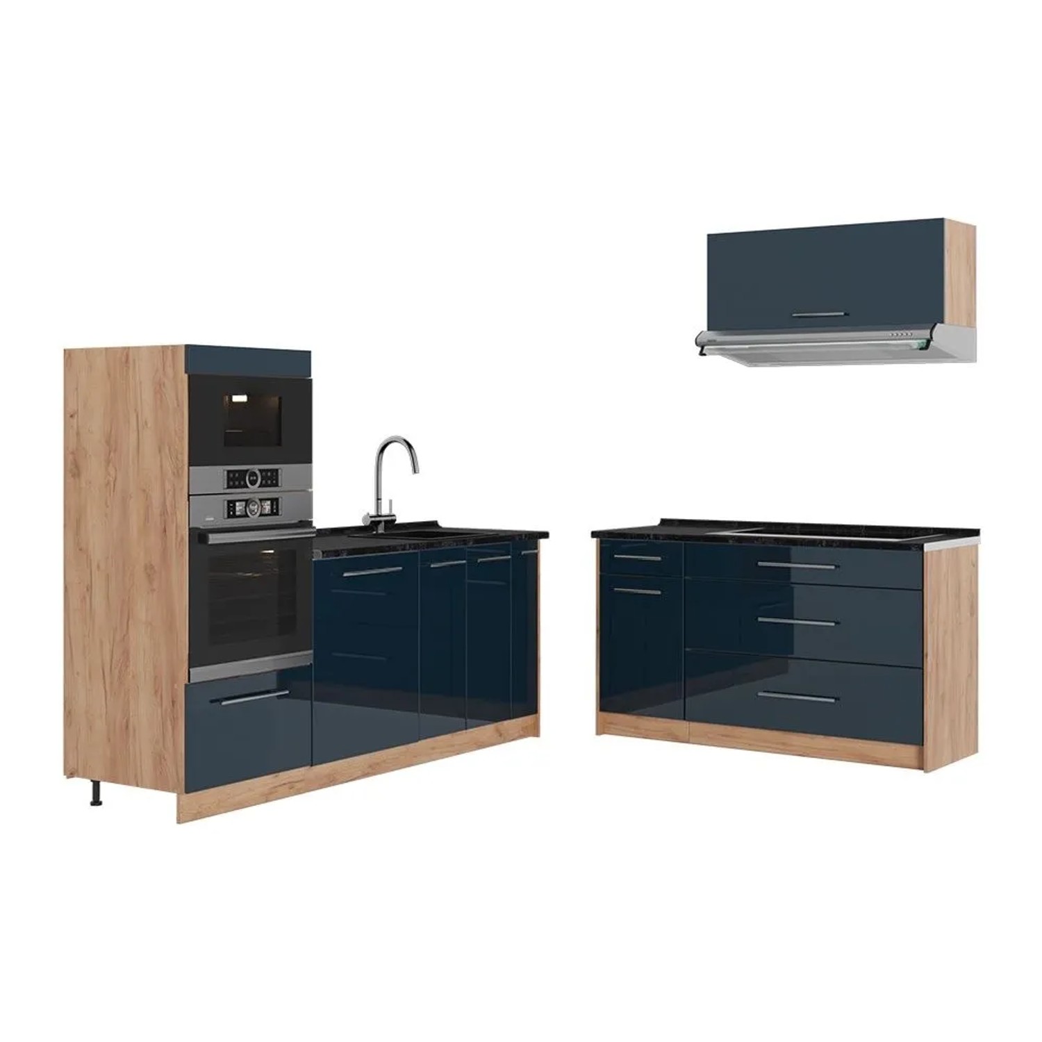 Vicco Küchenzeile Fame-Line Dunkelblau Hochglanz/Goldkraft Eiche 340 x 154 AP Anthrazit Art Nr 65727