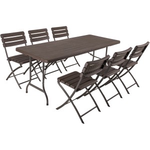 7-teiliges Gartenmöbel-Set Tabora von Garden Pleasure mit Klapptisch und Stühlen in Teakholz-Optik.