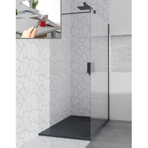 Bad Land Duschset: Rechteckige, schwarze Duschwanne mit Walk-In Dusche und Glaswischer.