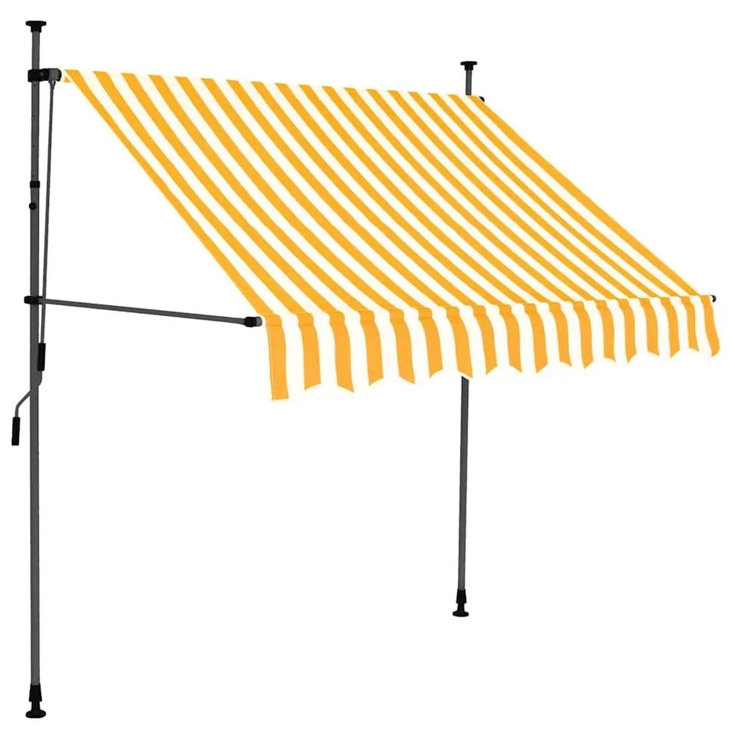 Einziehbare Markise in Weiß-Orange gestreift, handbetrieben, mit Stahlrahmen für Terrasse oder Balkon.