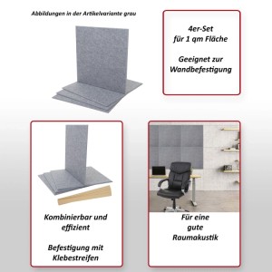 Graue Akustikwandpaneele, 4er-Set, 50x50cm, zur Wandbefestigung für verbesserte Raumakustik.