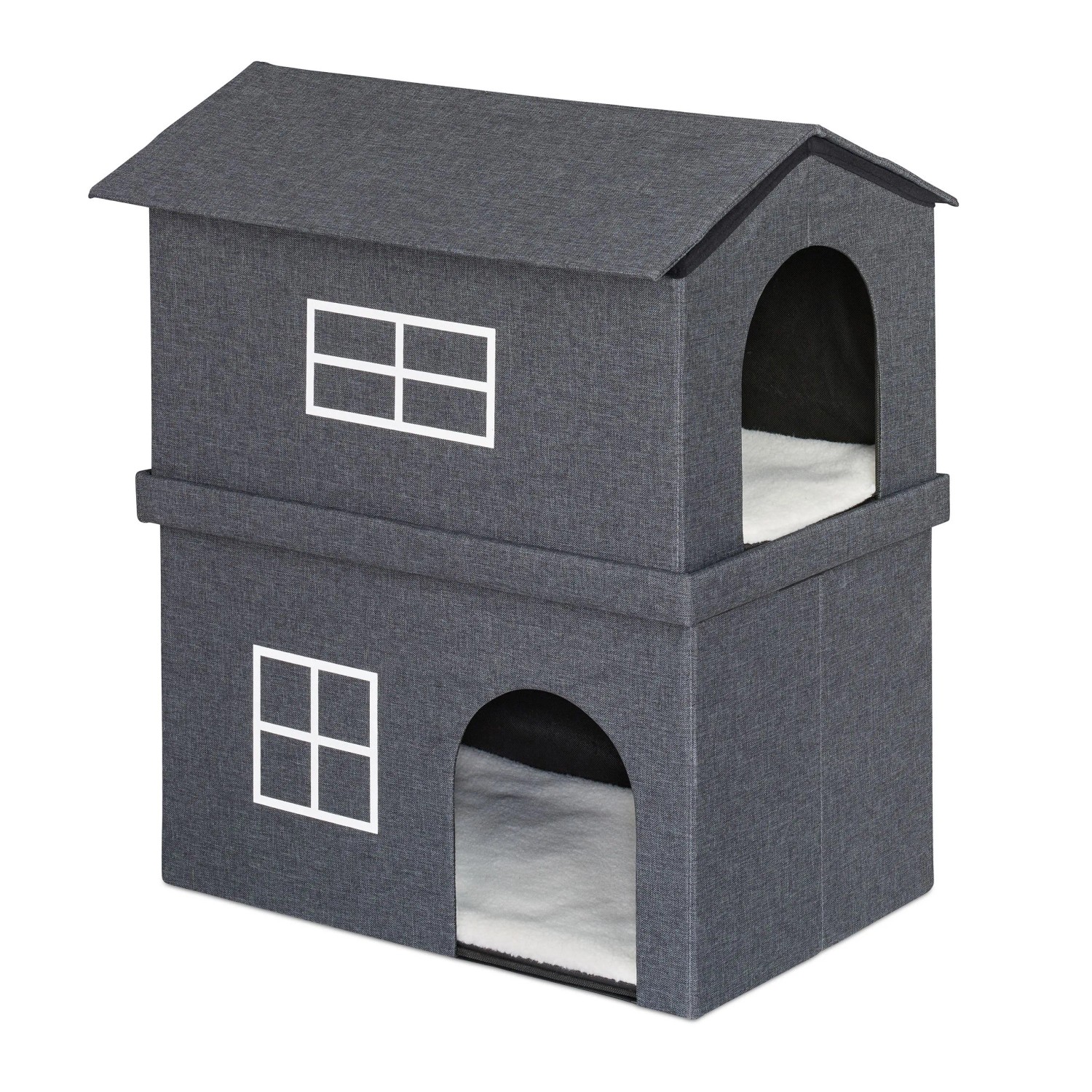 Relaxdays Katzenhaus 2 Etagen MDF Polyester Schaumstoff Dunkelgrau Weiß Faltbar 71,5 cm x 44 cm x 62,5 cm 7,3 kg