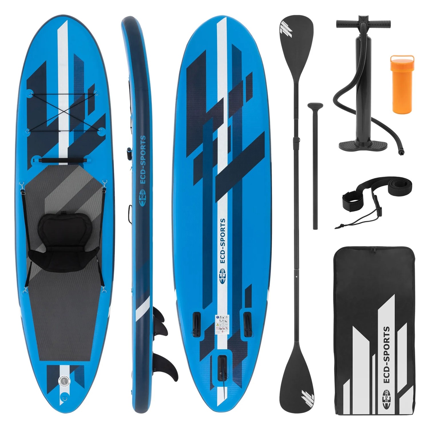 Blaues ECD Germany Stand Up Paddle Board 320x82x15cm mit Kajaksitz und Zubehör.