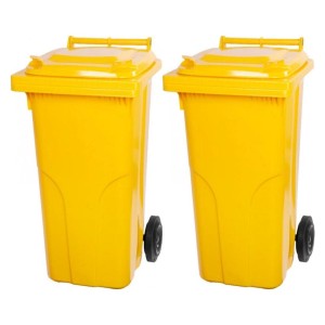 Zwei gelbe 120-Liter-Mülltonnen aus HDPE-Kunststoff mit Rädern, PROREGAL SuperSparSet.