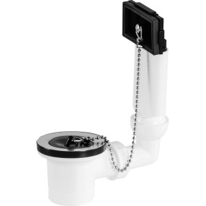 Verchromte Spültisch Ab- und Überlaufgarnitur mit Stopfen und Kette, 47,8 mm x 70 mm.