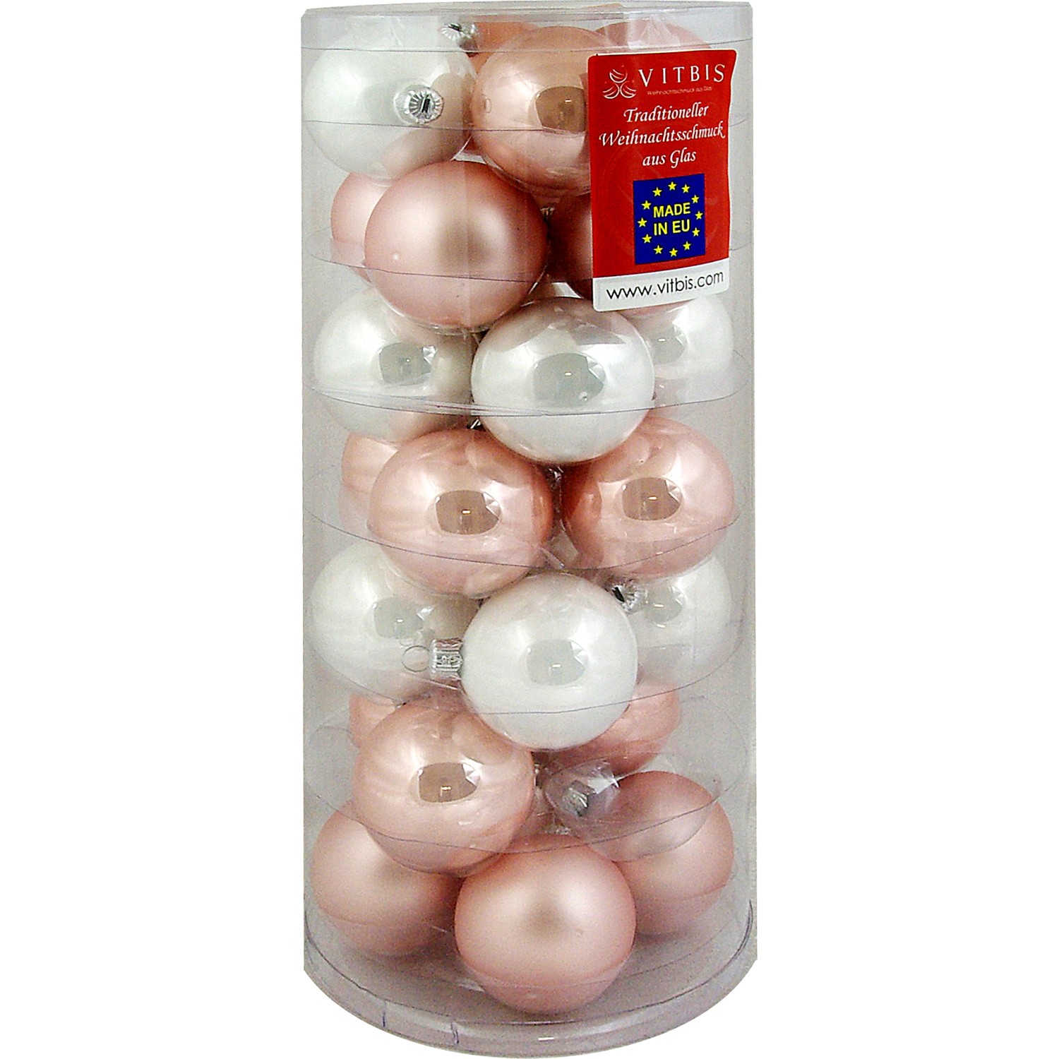 Vitbis Weihnachtskugeln, 28 Stück, rosa-weiß, Glas, glänzend und matt.