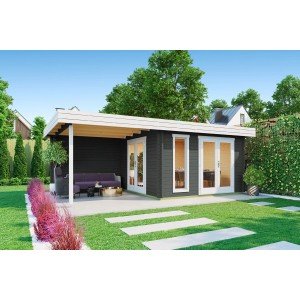 Modernes, carbongraues Lasita Gartenhaus Anders (360x360 cm) mit Schleppdach und Doppeltür im Garten.